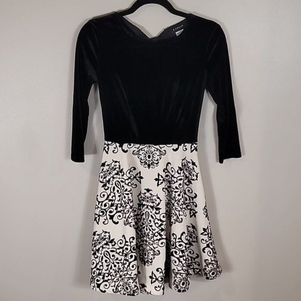 BDarlin Velvet Burnout Mini Dress Size XS/S White Black Long Sleeve Damask Y2K